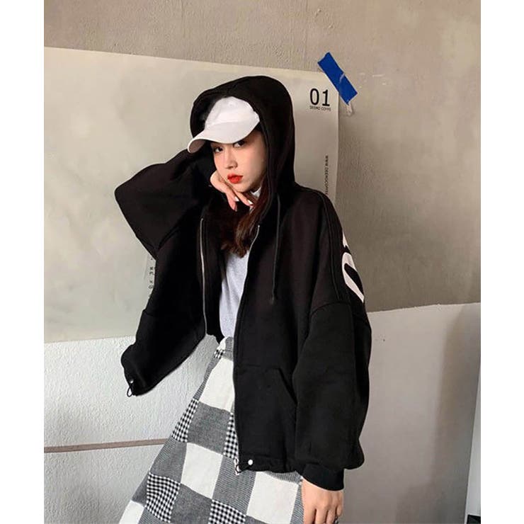 バッグロゴジップアップパーカー 韓国ファッション