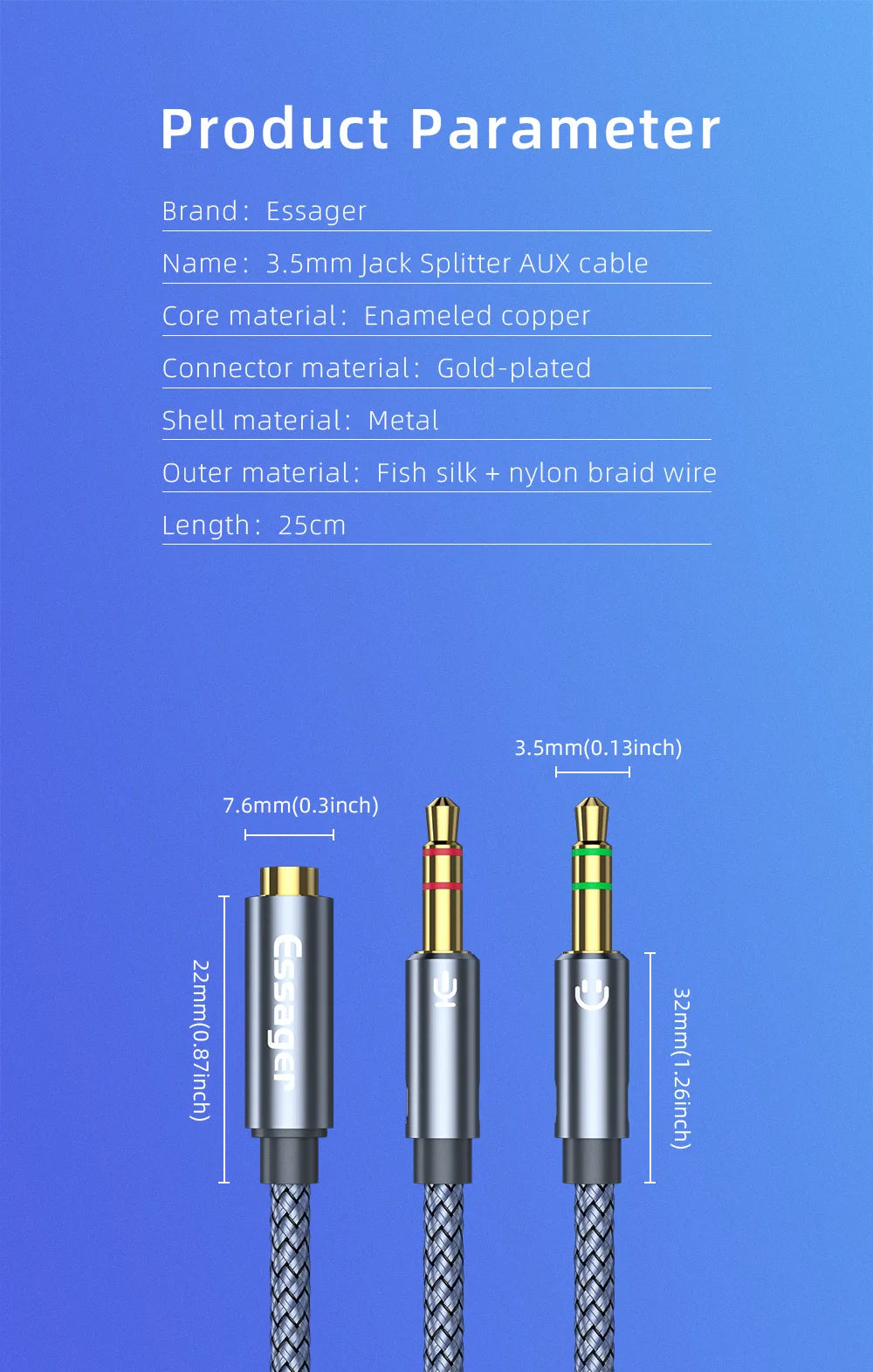 Essager 高耐久ヘッドホンオーディオスプリッター | 3.5mmメス-2オスAUXケーブル | PC・スピーカー・マイク対応 Y型アダプタ