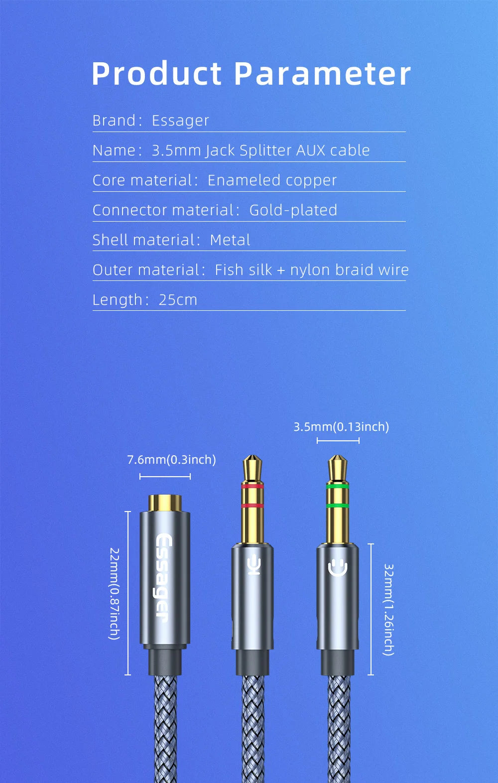 Essager Heavy Duty Headphone Audio Splitter | 3.5mm Female to 2 Male AUX Cable | Y-Type Adapter Compatible with PC, Speakers, and Microphones 