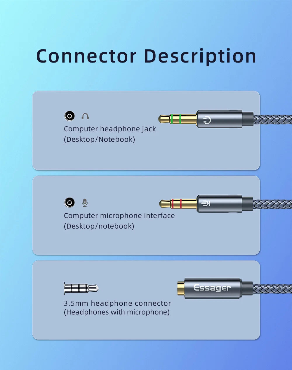 Essager Heavy Duty Headphone Audio Splitter | 3.5mm Female to 2 Male AUX Cable | Y-Type Adapter Compatible with PC, Speakers, and Microphones 