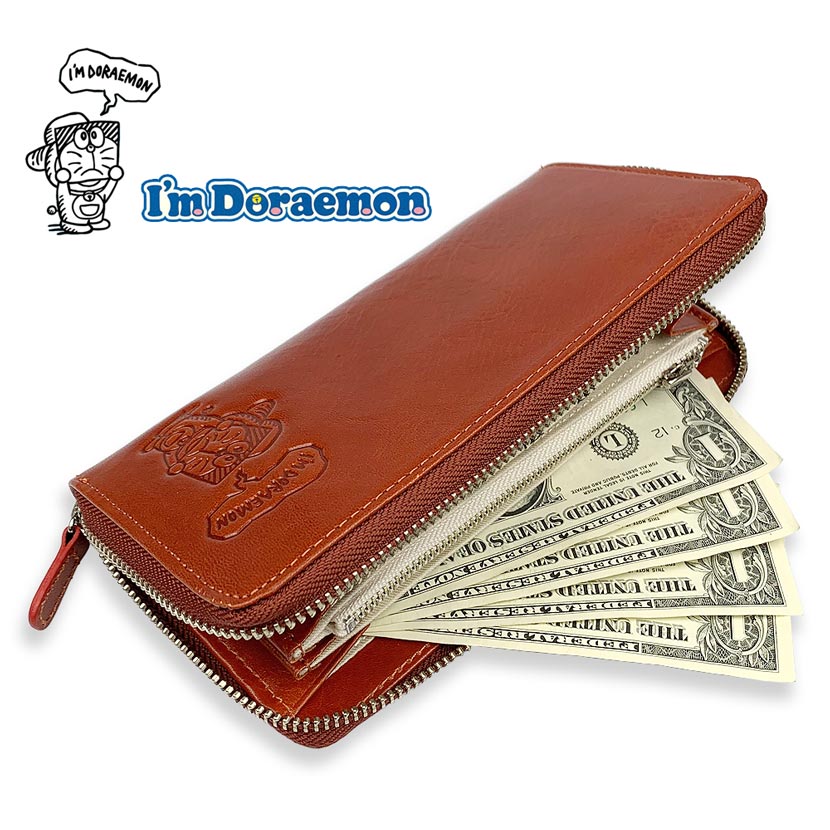 [All 5 colors] Doraemon Fujiko Pro Luxury Italian Leather Round Zipper Wallet Long Wallet Real Leather