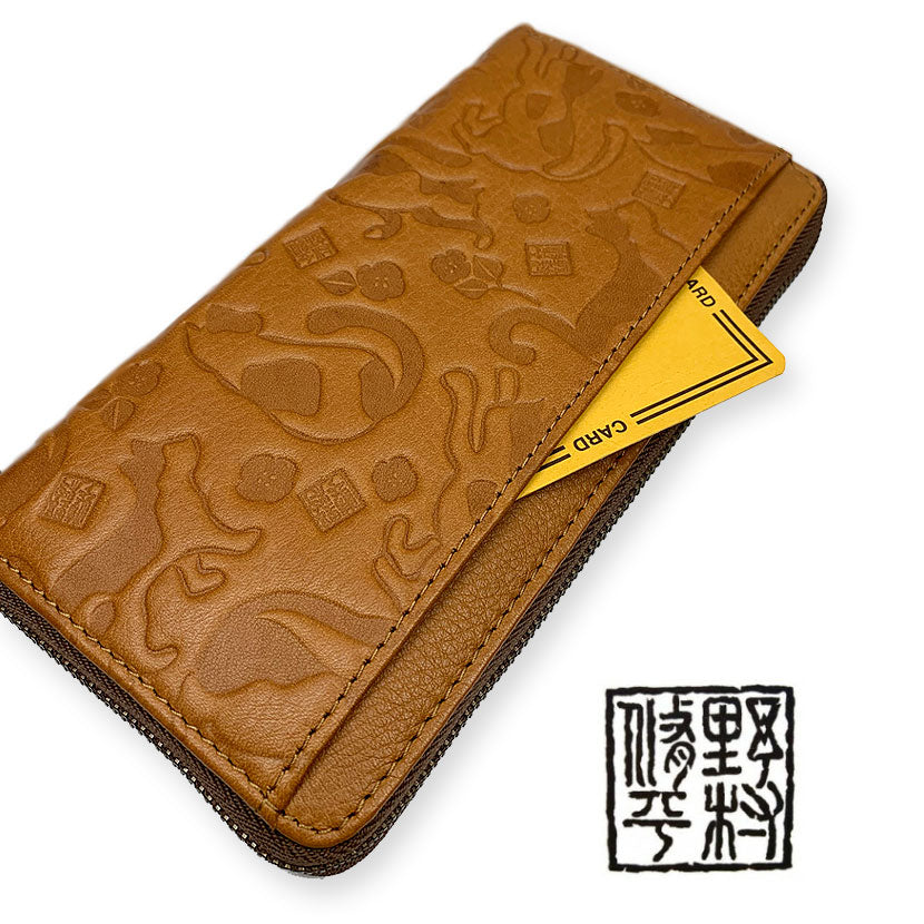 [2 colors] Shuhei Nomura Adorable cat embossed real leather round zipper long wallet Long wallet