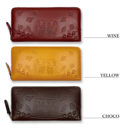 [All 3 colors] Shuhei Nomura Auspicious Owl Embossed Real Leather Round Zipper Long Wallet Wallet