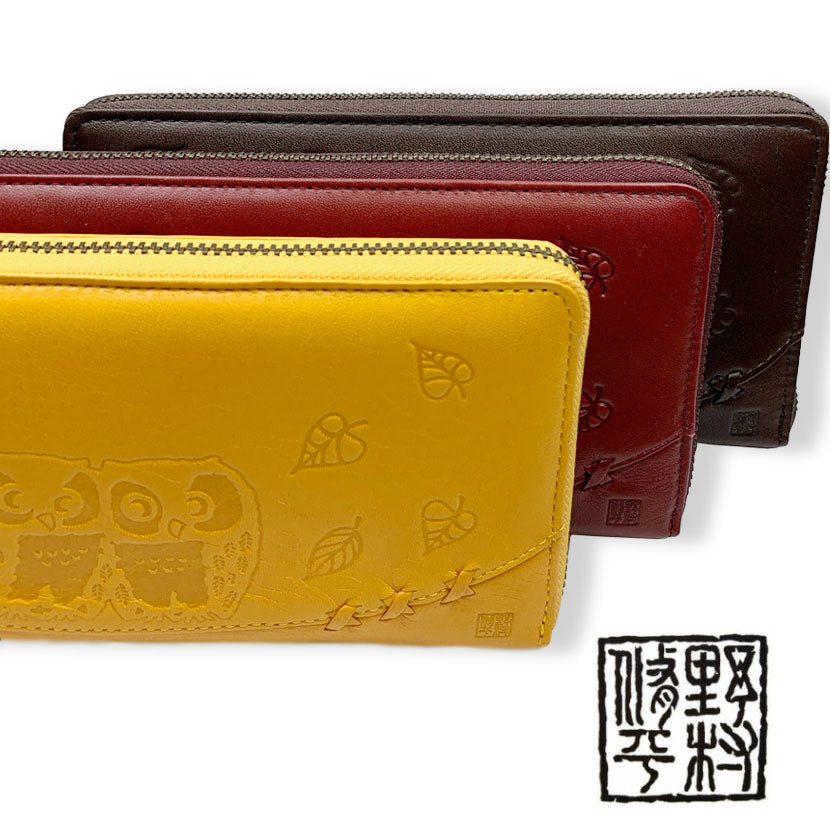 [All 3 colors] Shuhei Nomura Auspicious Owl Embossed Real Leather Round Zipper Long Wallet Wallet