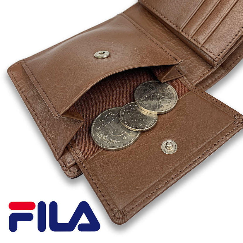 All 3 colors FILA Real Leather Bicolor Bifold Wallet with Middle Belt Short Wallet Cowhide