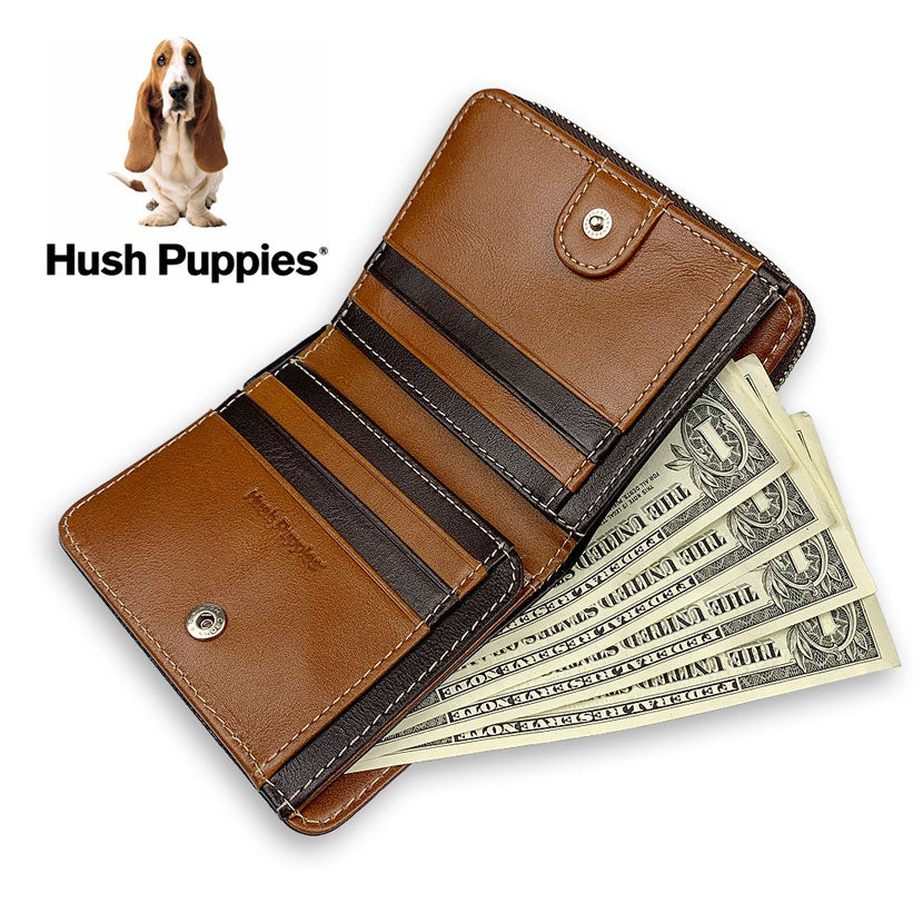 All 3 colors Hush Puppies Real Leather Bifold Wallet Short Wallet Round Zipper