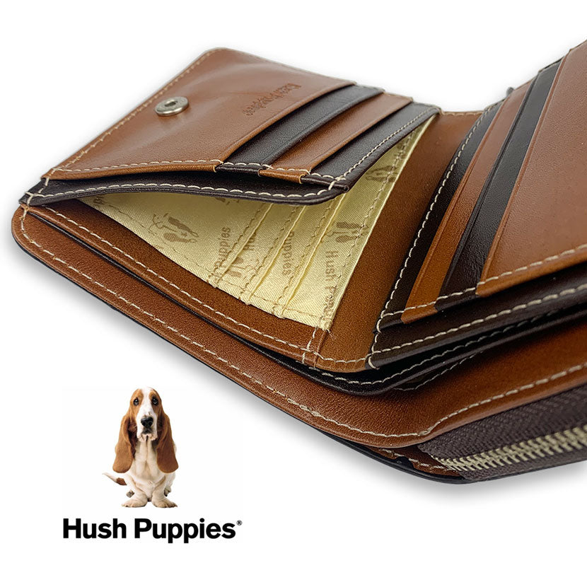 全3色　Hush Puppies ハッシュパピー リアルレザー 二つ折り財布 ショートウォレット ラウンドファスナー
