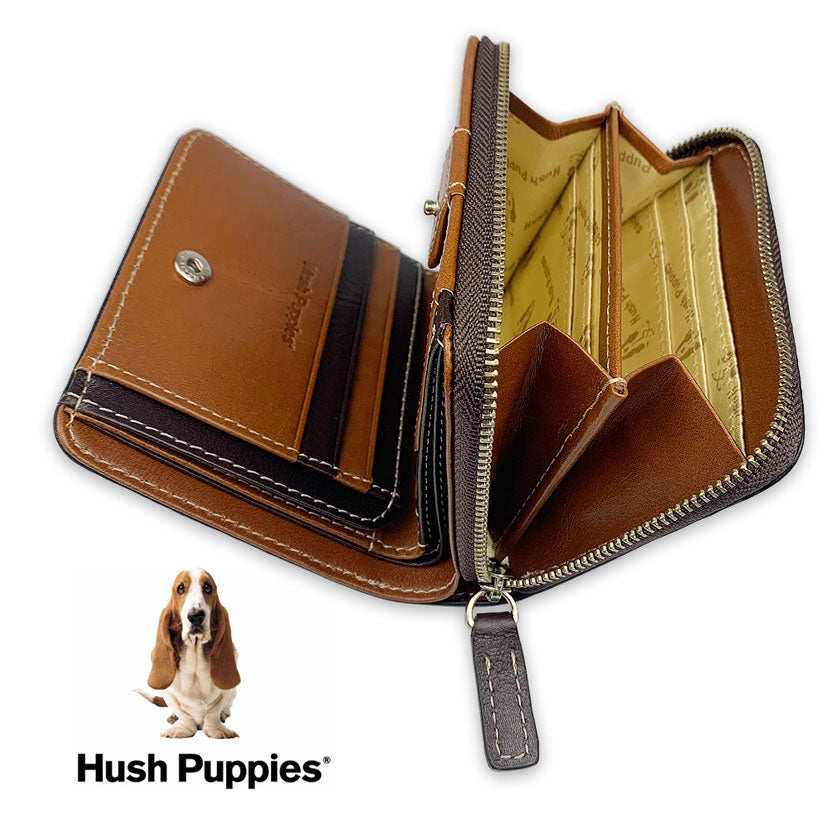 All 3 colors Hush Puppies Real Leather Bifold Wallet Short Wallet Round Zipper