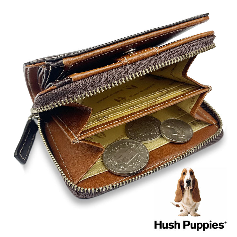 All 3 colors Hush Puppies Real Leather Bifold Wallet Short Wallet Round Zipper