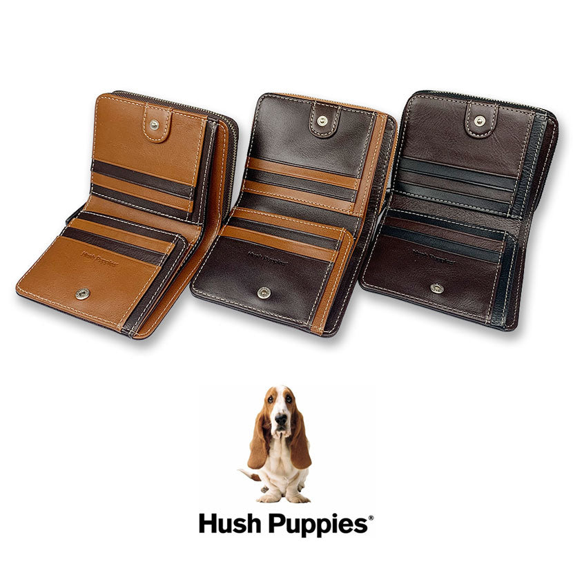 全3色　Hush Puppies ハッシュパピー リアルレザー 二つ折り財布 ショートウォレット ラウンドファスナー