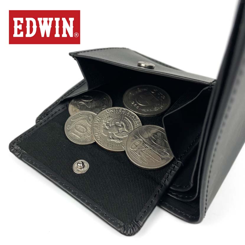 【全3色】 EDWIN エドウイン リサイクルレザー 二つ折り 財布 フラップポケット小銭入れ