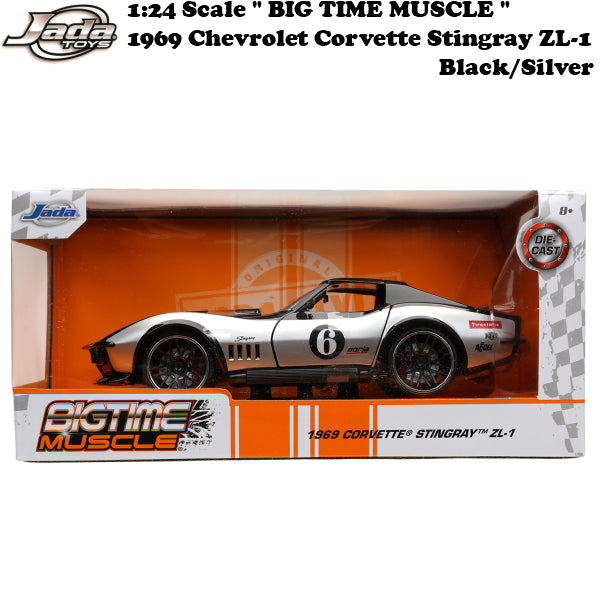 JADATOYS 1/24 BTM 1969 Chevrolet Corvette Stingray ZL-1 Black/Silver Mini Car