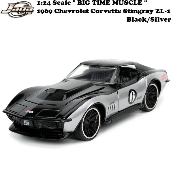 JADATOYS 1/24 BTM 1969 Chevrolet Corvette Stingray ZL-1 Black/Silver Mini Car