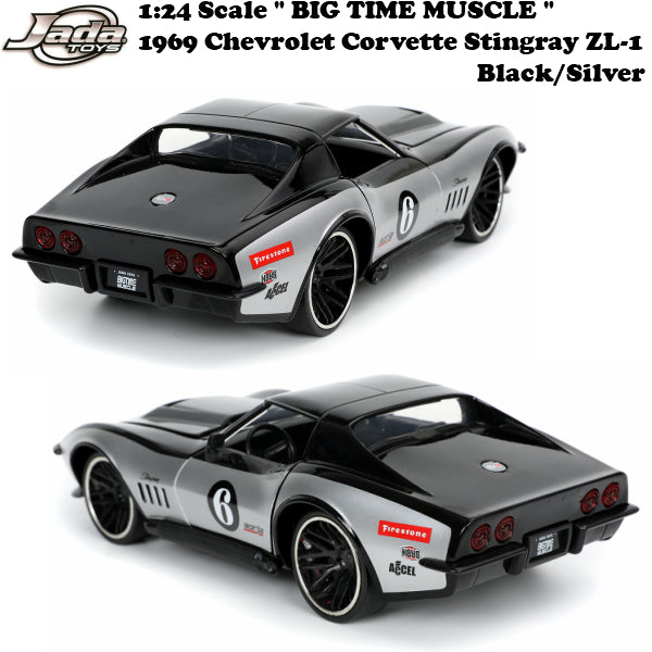 JADATOYS 1/24 BTM 1969 Chevrolet Corvette Stingray ZL-1 Black/Silver Mini Car