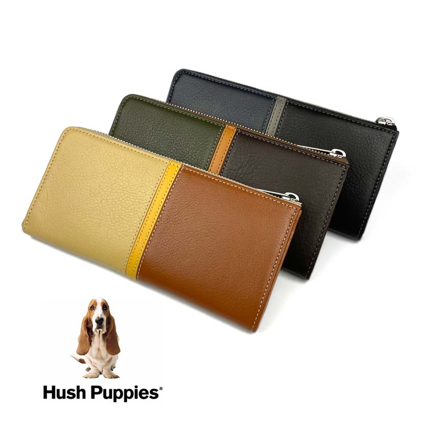 全3色　Hush Puppies ハッシュパピー リアルレザー トリコロールカラー L字ファスナー 長財布