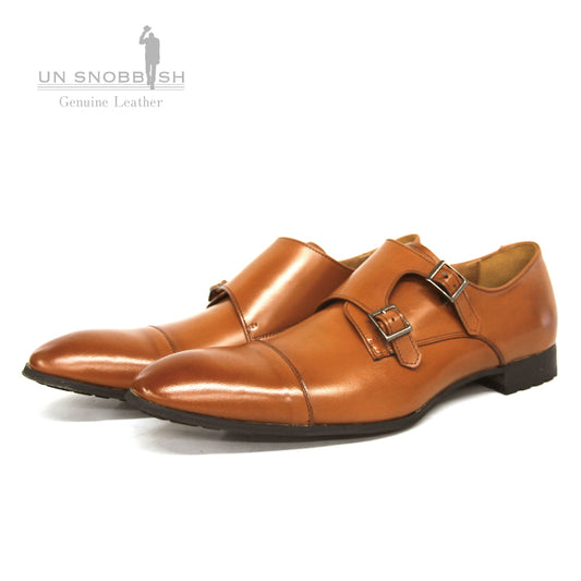 [UN SNOBBISH] Japanese double belt straight tip genuine leather business shoes U-2204