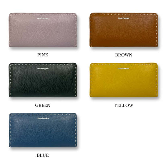 All 5 colors Hush Puppies Real Leather Stitch Design Round Zipper Long Wallet