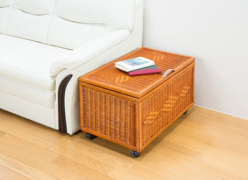 Natural rattan storage box with casters