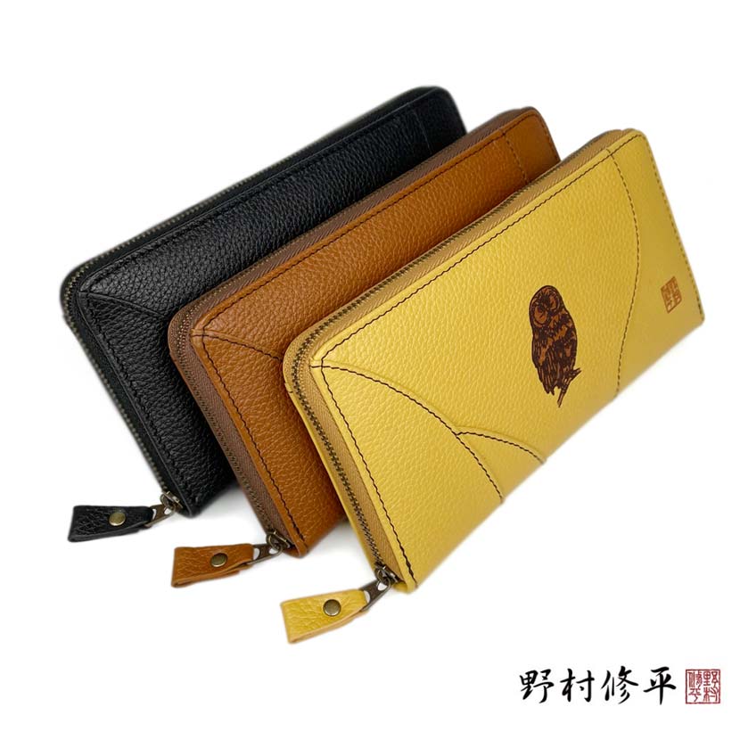 [All 3 colors] Shuhei Nomura Auspicious Owl Embossed Real Leather Round Zipper Long Wallet Long Wallet