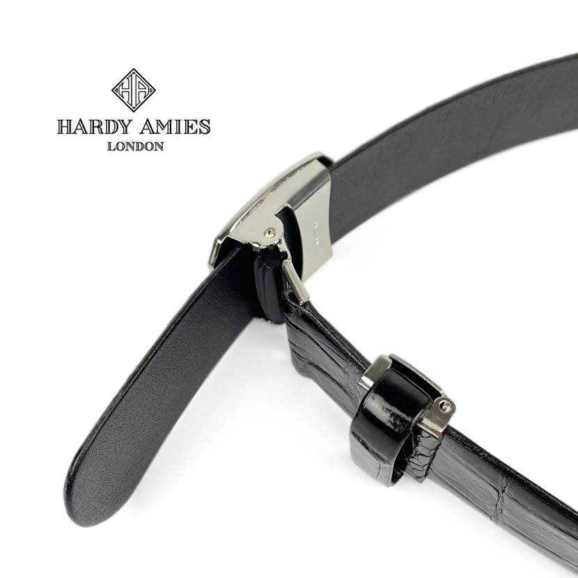 HARDY AMIES ハーディエイミス 日本製 クロコダイルレザー 穴なしフィットバックル ベルト