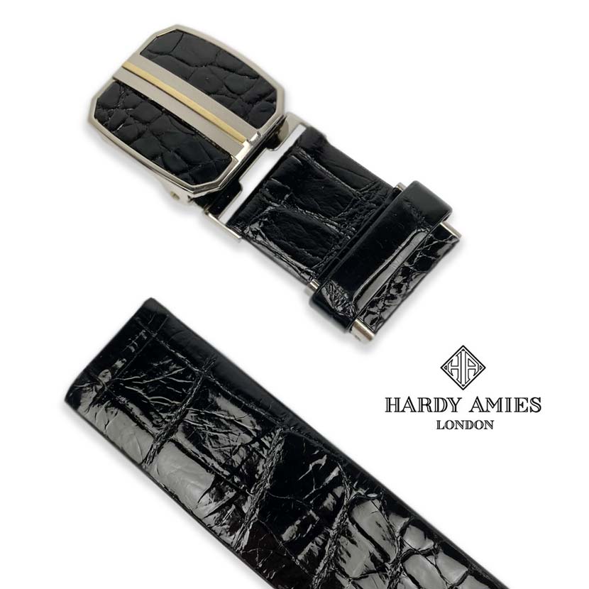 HARDY AMIES ハーディエイミス 日本製 クロコダイルレザー 穴なしフィットバックル ベルト