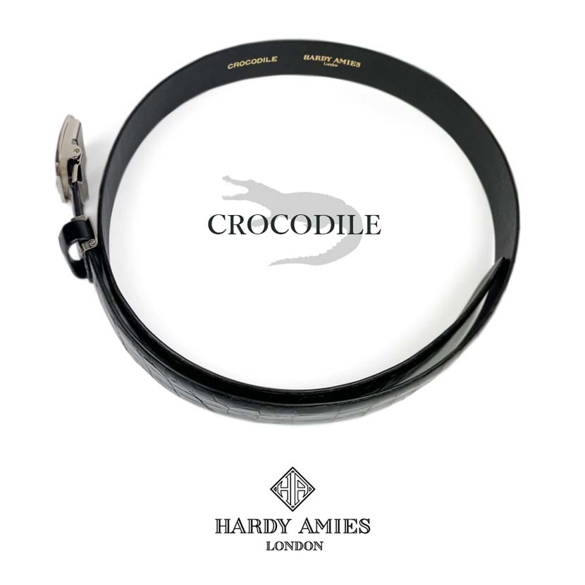 HARDY AMIES ハーディエイミス 日本製 クロコダイルレザー 穴なしフィットバックル ベルト