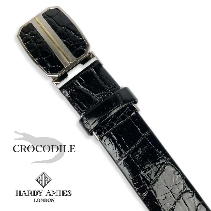 HARDY AMIES ハーディエイミス 日本製 クロコダイルレザー 穴なしフィットバックル ベルト