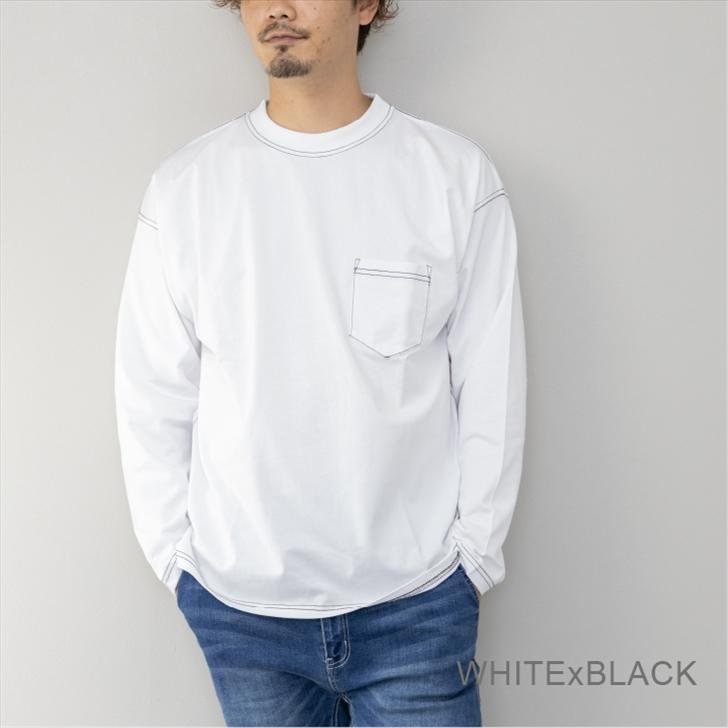 長袖Tシャツ メンズ ヘビーウェイト ポケット付 配色ステッチ ルーズ ビッグ ロングTシャツ ユニセックス