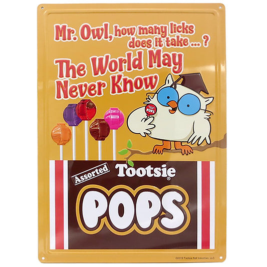 エンボス メタルサイン TOOTSIE POPS  The World May Never Know　【トッツィーポップス ブリキ看板】