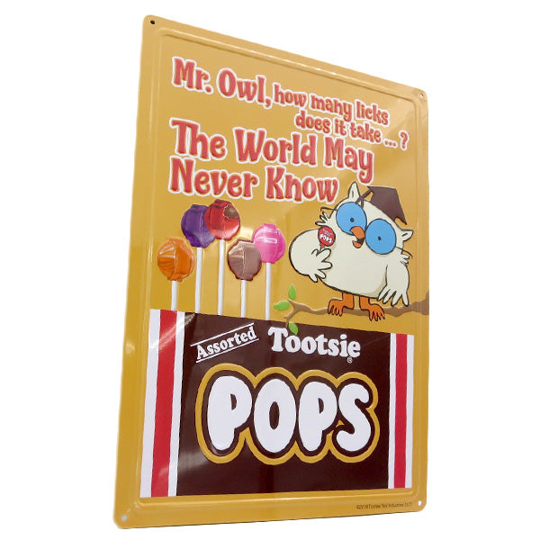 エンボス メタルサイン TOOTSIE POPS  The World May Never Know　【トッツィーポップス ブリキ看板】