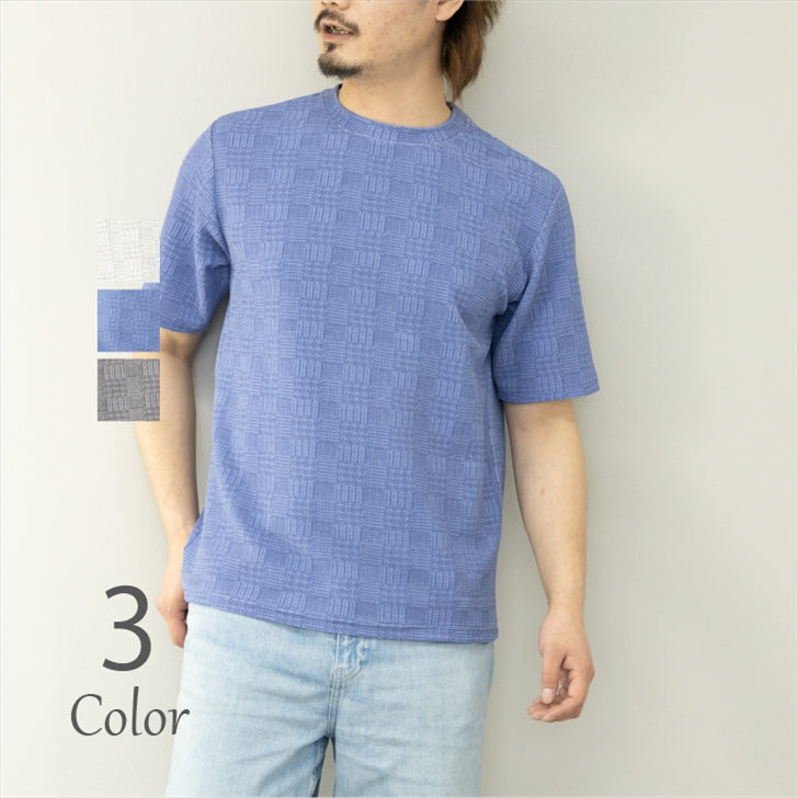 Tシャツ メンズ 半袖 ワッフル エンボス加工 ブロックドビー柄 市松模様 ルームウェア 部屋着 パジャマ