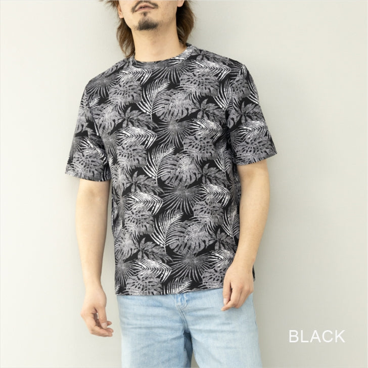 Tシャツ メンズ 半袖 ワッフル エンボス加工 リーフ柄 ルームウェア 部屋着 パジャマ ワンマイルウェア