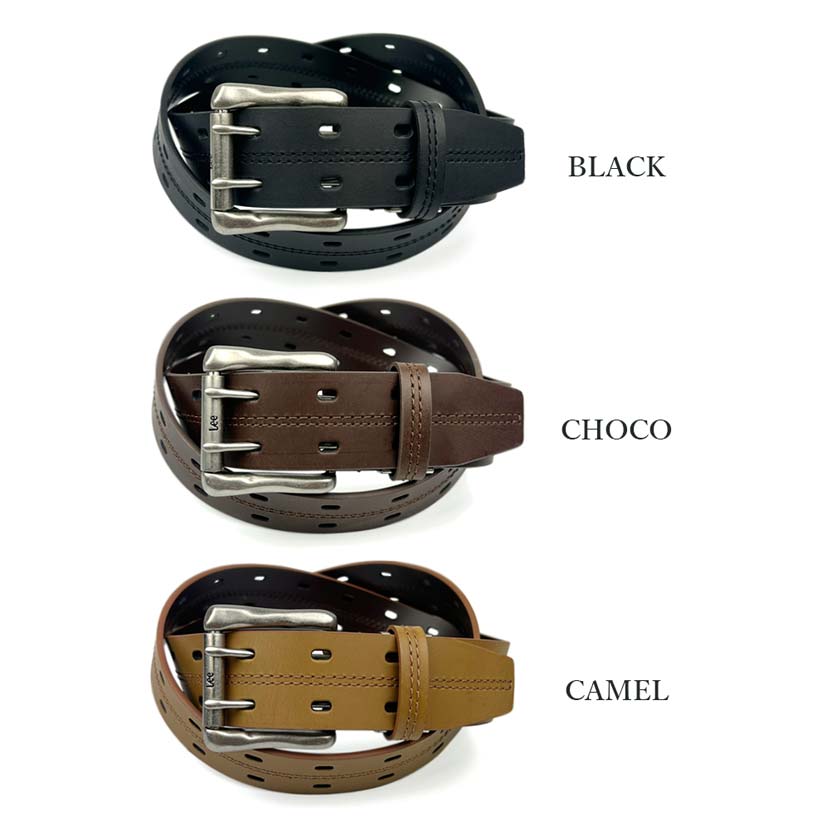 All 3 colors Lee Real Leather W Pin Center Stitch Wide Belt Italian Leather Recycled Leather