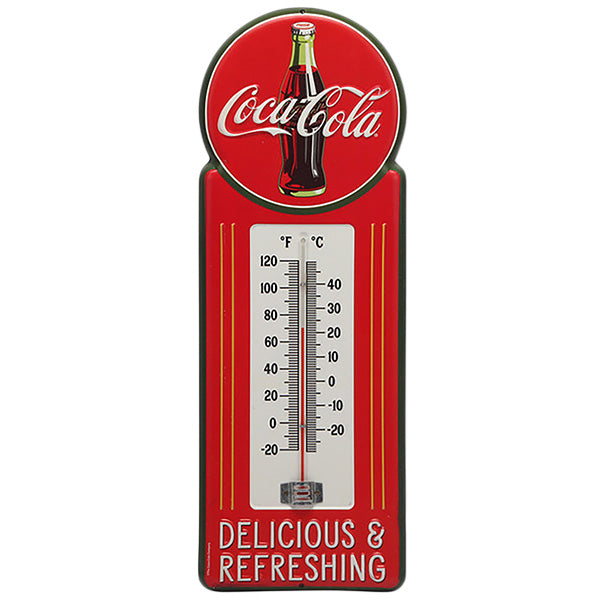 Die-cut embossed metal sign COCA-COLA DELICIUS &amp; REFRESHING w/THERMOMETER [Coca-Cola thermometer]