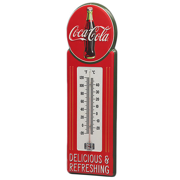 Die-cut embossed metal sign COCA-COLA DELICIUS &amp; REFRESHING w/THERMOMETER [Coca-Cola thermometer]