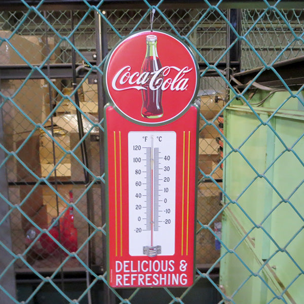 Die-cut embossed metal sign COCA-COLA DELICIUS &amp; REFRESHING w/THERMOMETER [Coca-Cola thermometer]