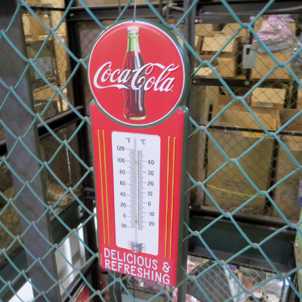 Die-cut embossed metal sign COCA-COLA DELICIUS &amp; REFRESHING w/THERMOMETER [Coca-Cola thermometer]