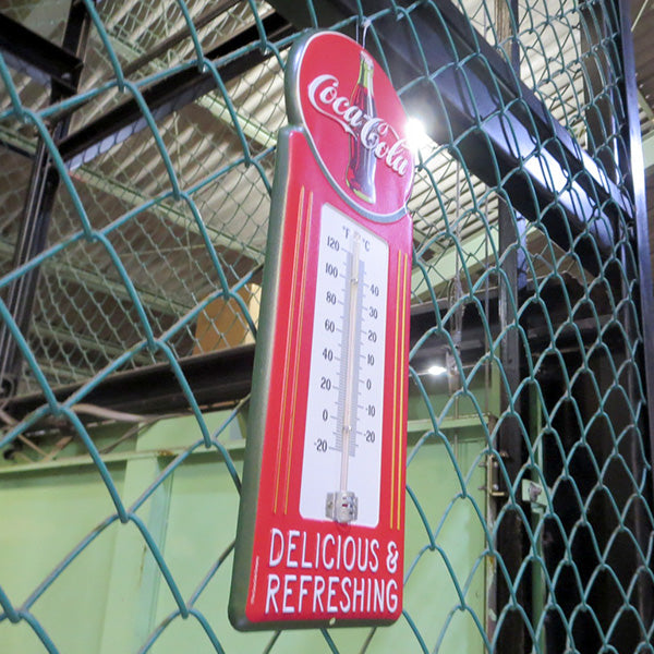 Die-cut embossed metal sign COCA-COLA DELICIUS &amp; REFRESHING w/THERMOMETER [Coca-Cola thermometer]