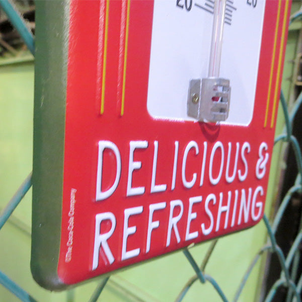 Die-cut embossed metal sign COCA-COLA DELICIUS &amp; REFRESHING w/THERMOMETER [Coca-Cola thermometer]