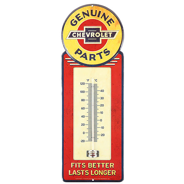 Die cut embossed metal sign CHEVROLET GENUINE PARTS w/THERMOMETER [Chevrolet thermometer]