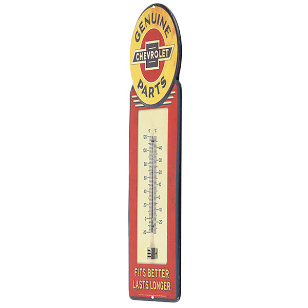 Die cut embossed metal sign CHEVROLET GENUINE PARTS w/THERMOMETER [Chevrolet thermometer]