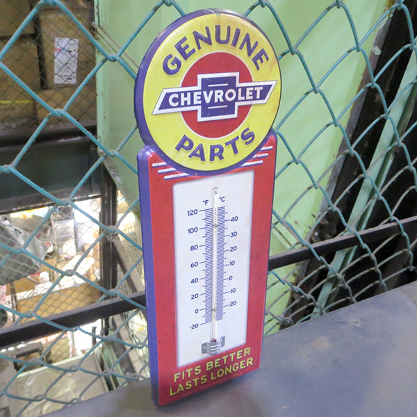 Die cut embossed metal sign CHEVROLET GENUINE PARTS w/THERMOMETER [Chevrolet thermometer]