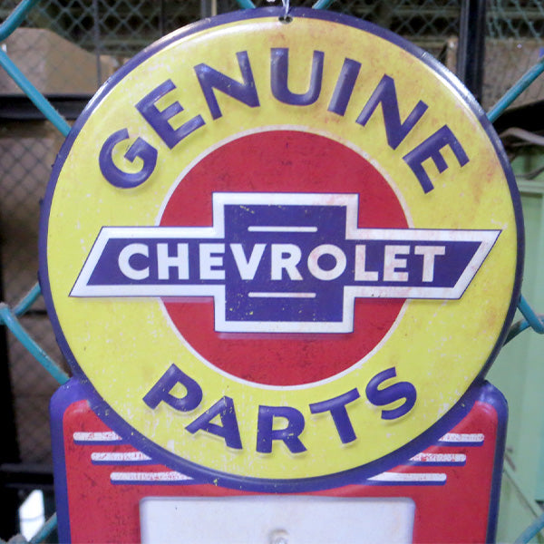 Die cut embossed metal sign CHEVROLET GENUINE PARTS w/THERMOMETER [Chevrolet thermometer]