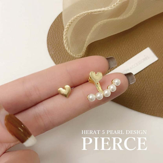 Heart 5 Pearl Design Earrings Binaural Set Gold Color 2WAY Earrings Women's Accessories