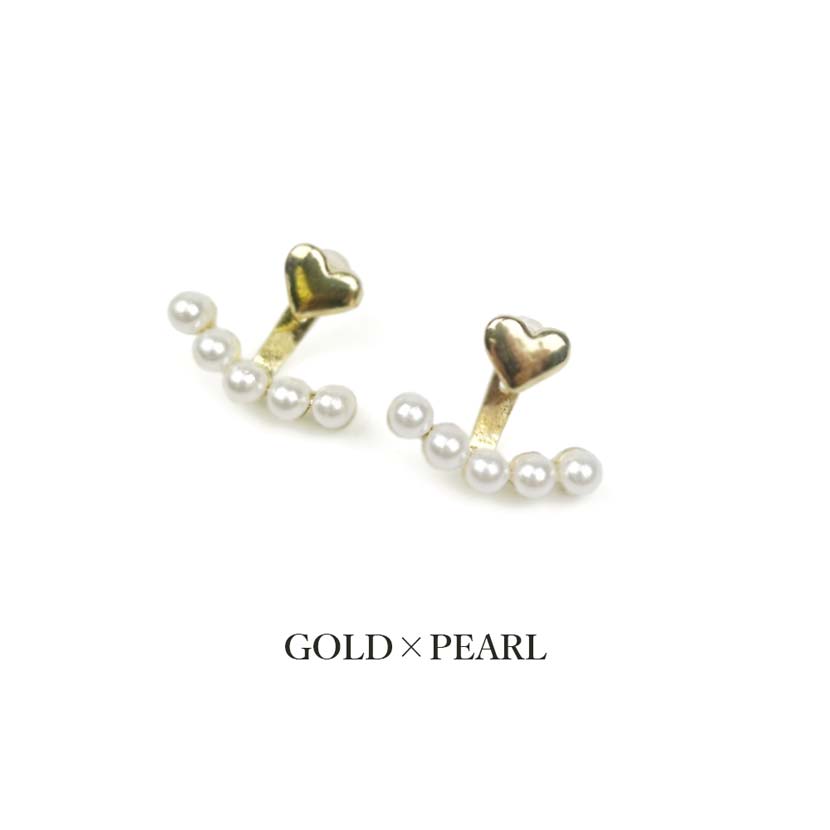 Heart 5 Pearl Design Earrings Binaural Set Gold Color 2WAY Earrings Women's Accessories