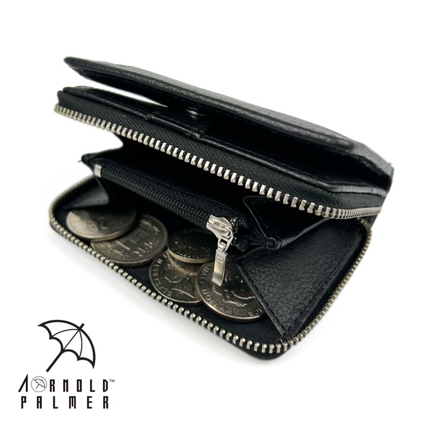 [2 Colors] Arnold Palmer Genuine Leather Round Zipper Coin Purse Bifold Wallet Wallet