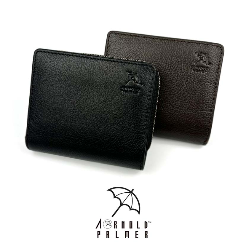 [2 Colors] Arnold Palmer Genuine Leather Round Zipper Coin Purse Bifold Wallet Wallet