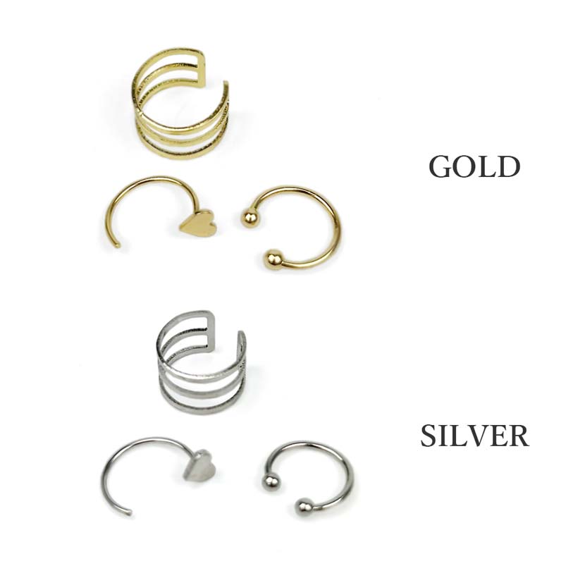 2 colors heart hook earrings ear cuff 3 piece set gold silver color ladies accessories