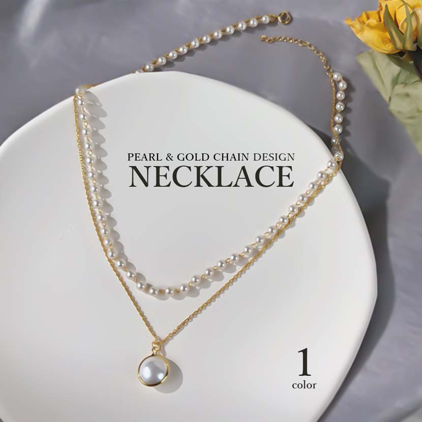 Pearl &amp; Gold 2 Chain Tight Necklace Choker Pearl Pendant Top Ladies Korean Accessories