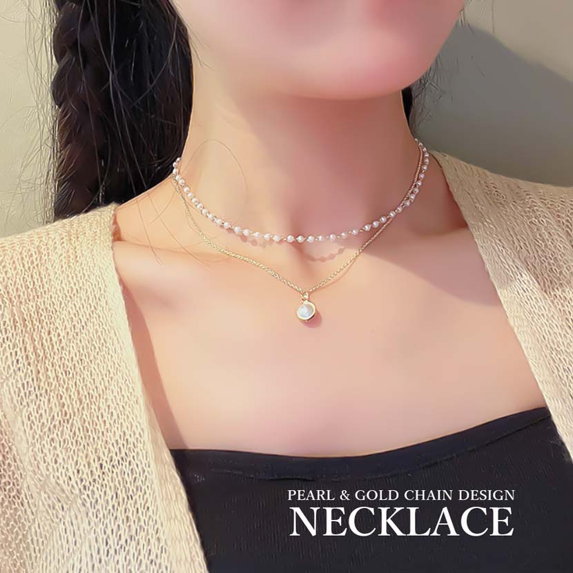 Pearl &amp; Gold 2 Chain Tight Necklace Choker Pearl Pendant Top Ladies Korean Accessories